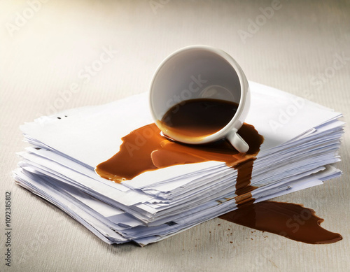 Overturned coffee cup spilling onto important documents as a symbol of stress photo