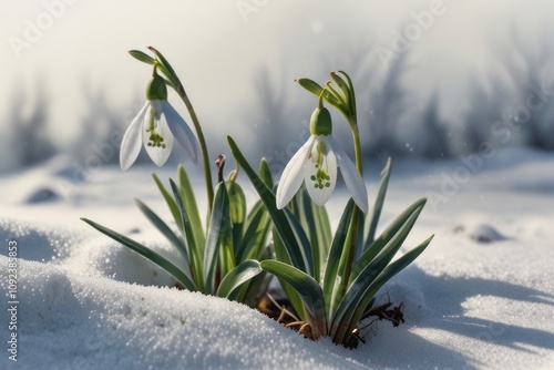 Wallpaper Mural Close-up of snowdrops blooming in early spring sunlight, surrounded by melting snow. Torontodigital.ca