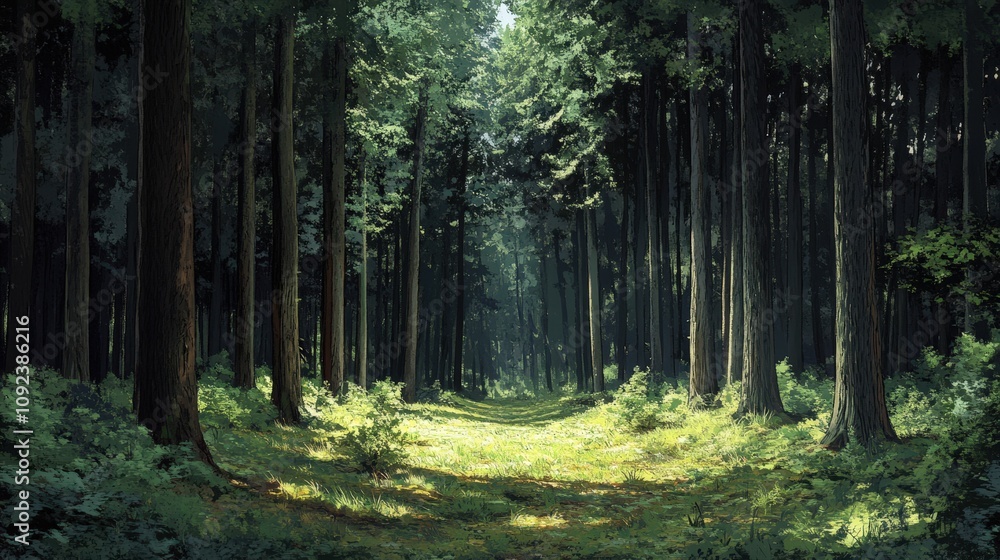 Obraz premium A serene forest path illuminated by gentle sunlight, surrounded by tall trees and lush greenery, inviting tranquility and exploration.