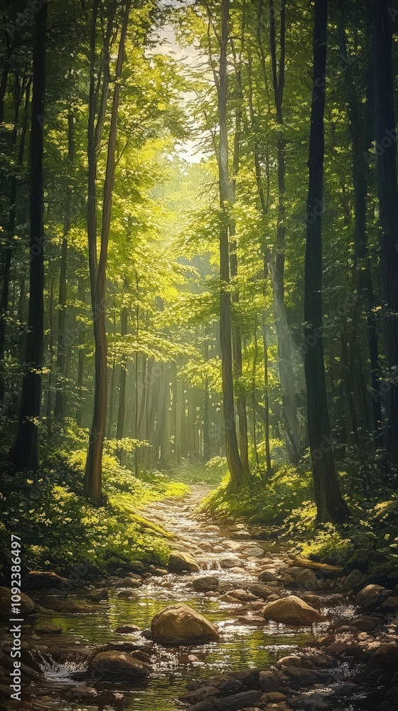 Fototapeta premium A serene forest scene with sunlight filtering through tall trees, illuminating a peaceful stream and lush greenery.
