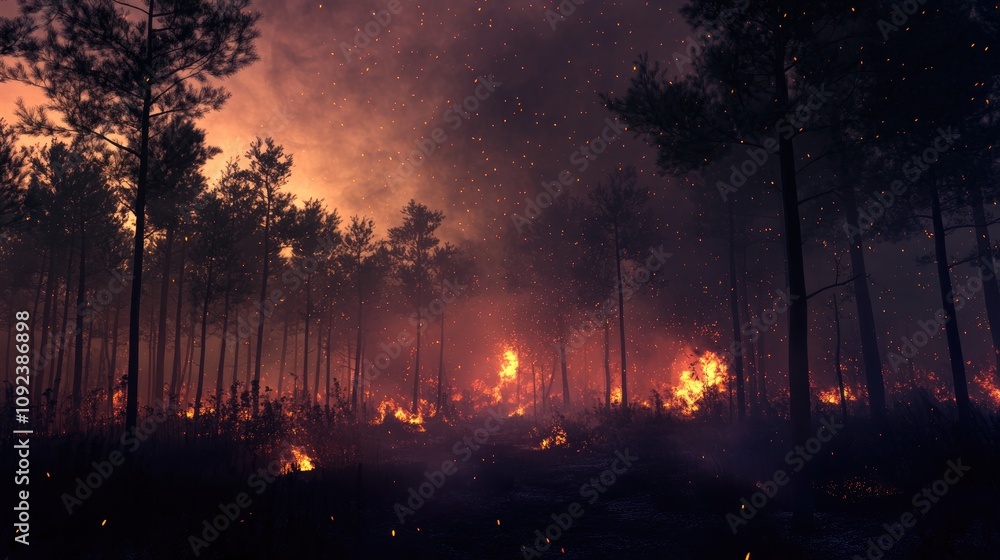 Devastating nighttime forest fire engulfing pine trees in dense smoke ...