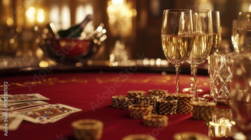 A baccarat table with a deep red felt surface, surrounded digital photo