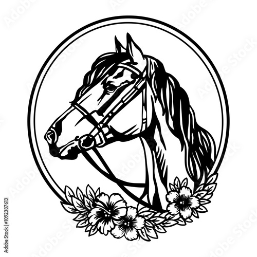 Head of horse with flowers and leaves. Vector illustration