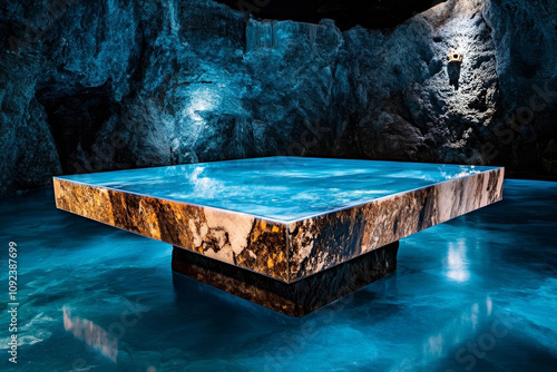 Mysterious crypt. stunning ice encased table in cavernous space, illuminated by soft light, creates serene and mystical atmosphere. contrast of icy surface and rocky surroundings enhances beauty photo