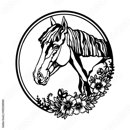 Head of horse with flowers and leaves. Vector illustration