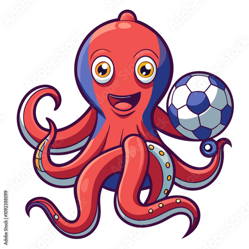 Octopus Soccer Star: A cheerful cartoon octopus with a big grin holds a soccer ball, showcasing a playful and lighthearted illustration perfect for sports-themed designs and branding.  photo