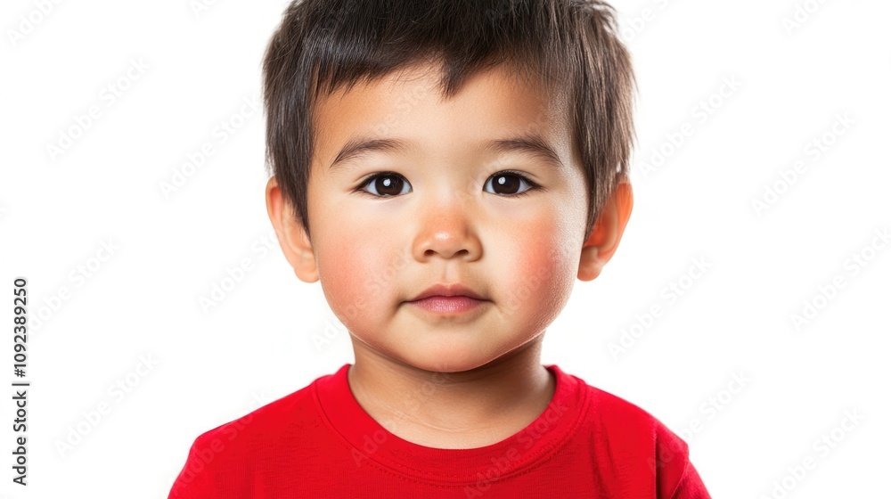 Portrait of a two-year-old boy wearing a bright red T-shirt with a neutral expression, set against a clean white background. Portrait of a two-year-old boy wearing a bright red T-shirt with a neutral expression, set against a clean white background.