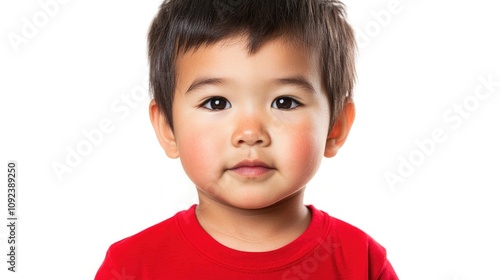 Portrait of a two-year-old boy wearing a bright red T-shirt with a neutral expression, set against a clean white background.