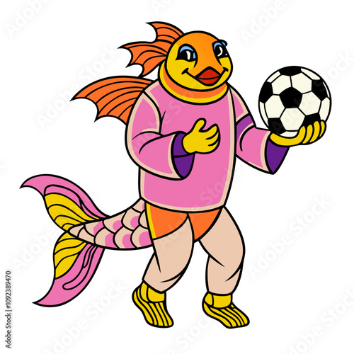 Playful Fish Footballer: Cartoon illustration of an anthropomorphic fish character joyfully holding a soccer ball.  Bright, fun, and whimsical design perfect for kids' content.