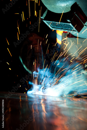 Welder uses torch to make sparks during manufacture of metal equipment, industrial professional worker