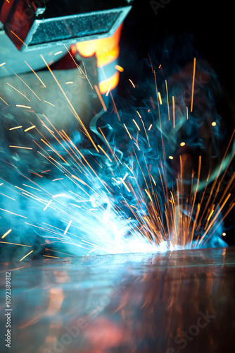 Welder uses torch to make sparks during manufacture of metal equipment, industrial professional worker