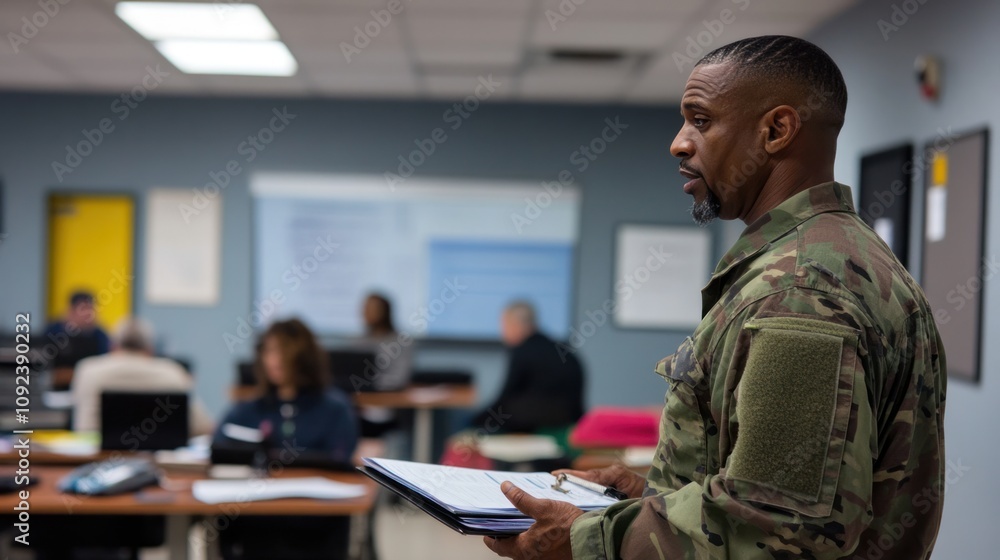 Fototapeta premium A veteran job training center with veterans learning practical skills in a hands-on environment, preparing for the transition to civilian employment
