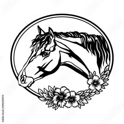 Head of horse with flowers and leaves. Vector illustration