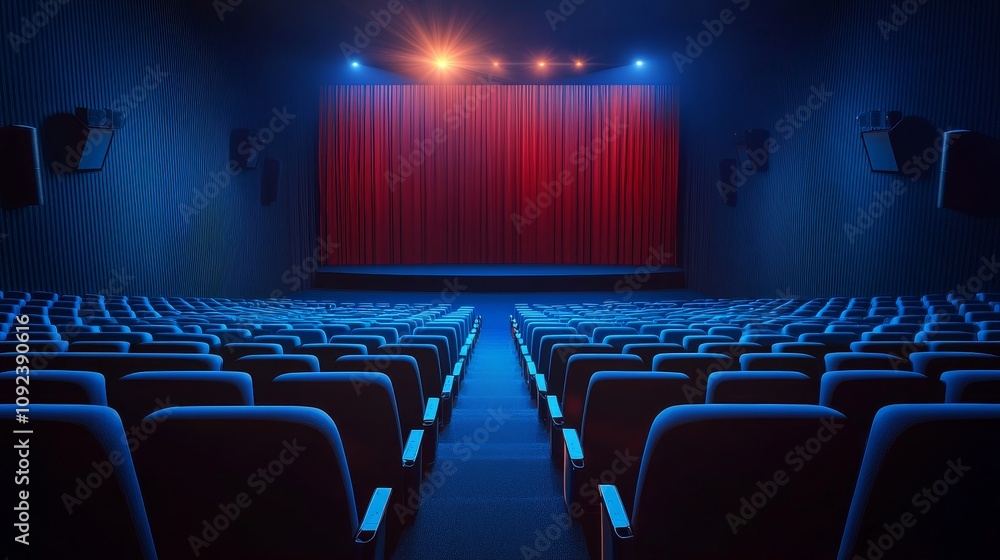 Fototapeta premium A dimly lit cinema with empty seats facing a red curtain, ready for a movie presentation.