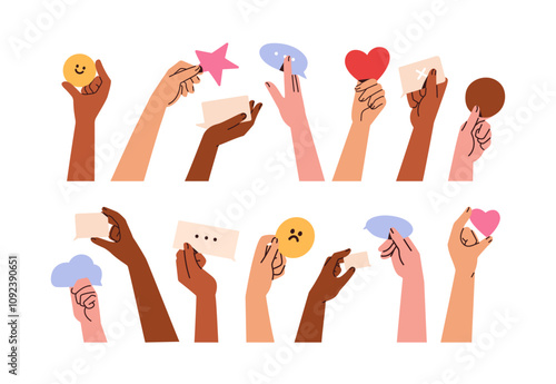 Speech bubble, heart, and emoji in hands, set. Communication concept. Giving feedback, sharing opinion, commenting. Holding, showing reactions. Flat vector illustration isolated on white background