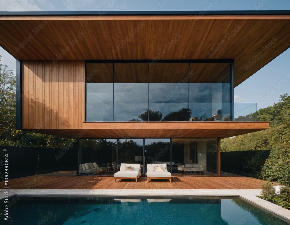 Fototapeta premium Modern minimalist house with clean lines and natural wood elements. Ai generated image