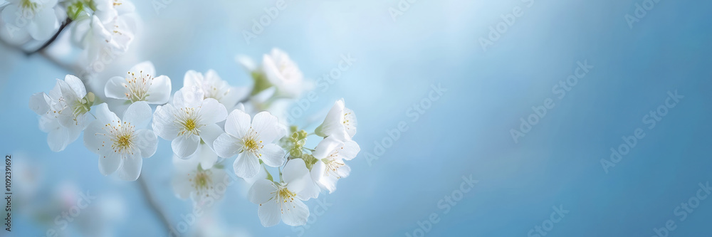 Fototapeta premium Close-up of white flowering branch with green leaves on soft blue background.