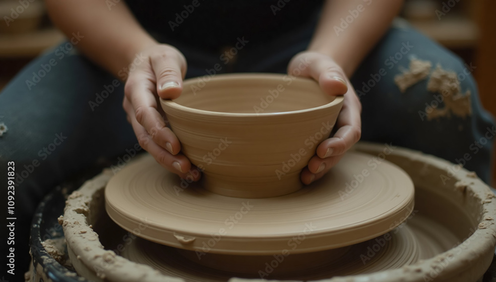 A skilled potter shaping a clay bowl on a spinning wheel, their hands delicately molding the wet clay as it spins A skilled potter shaping a clay bowl on a spinning wheel, their hands delicately molding the wet clay as it spins