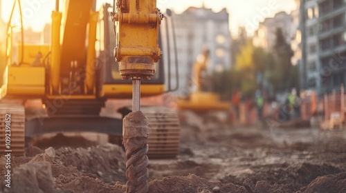 Heavy duty construction machinery featuring a rotary drilling machine working on a highway development site during sunset. photo