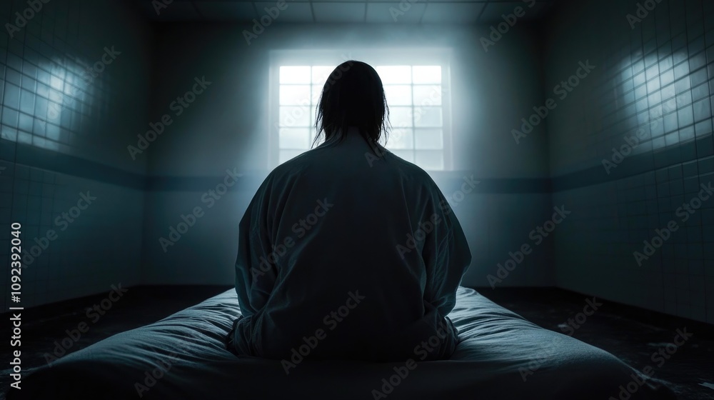 Individual in a straitjacket sits on a bed, staring at a window in an abandoned psychiatric facility with stark white walls and a somber atmosphere. Individual in a straitjacket sits on a bed, staring at a window in an abandoned psychiatric facility with stark white walls and a somber atmosphere.