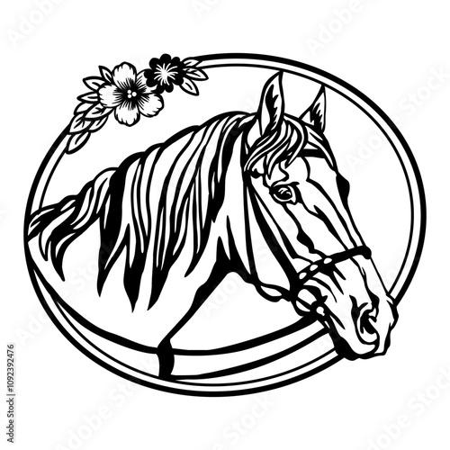 Head of horse with flowers and leaves. Vector illustration