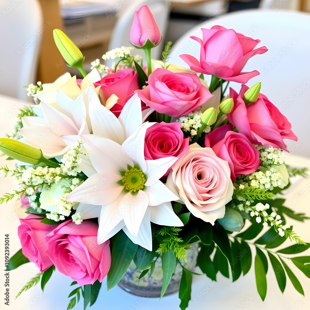 Fototapeta premium Flower centerpiece bouquets with pink and white eutomers