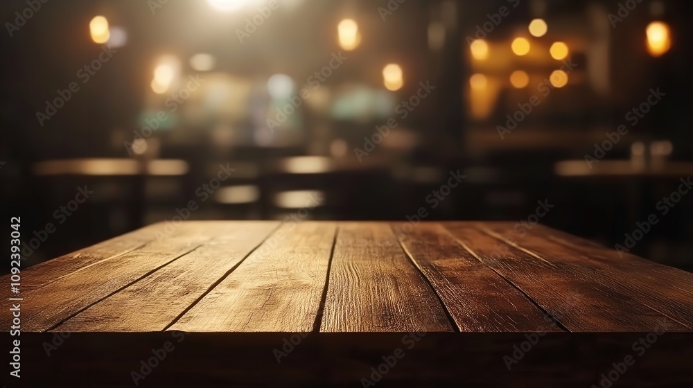 Empty wood table top on blurred light gold bokeh of cafe restaurant Empty wood table top on blurred light gold bokeh of cafe restaurant