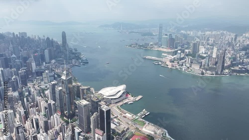 Aerial drone skyview of Hong Kong West Kowloon Victoria Harbour Financial Tsim Sha Tsui Hung Hom Central Admiralty Wan Chai Happy Valley Causeway Bay  photo