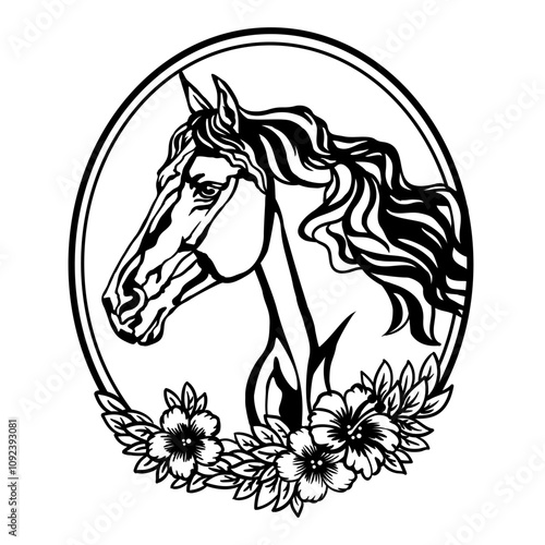 Head of horse with flowers and leaves. Vector illustration