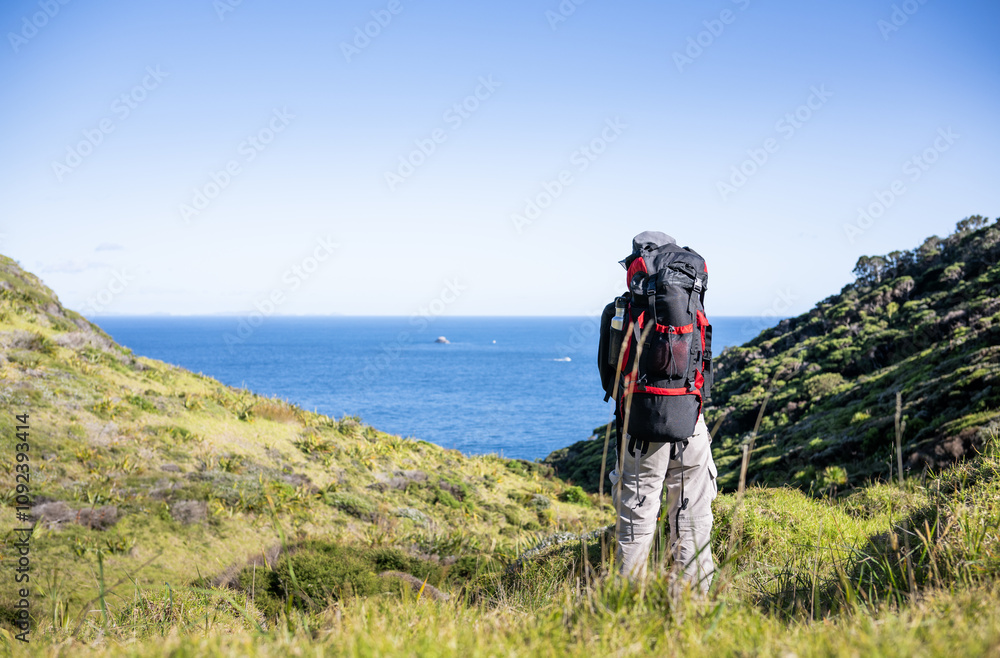 Backpacker hiking Cape Brett Track. Bay of Islands. New Zealand.