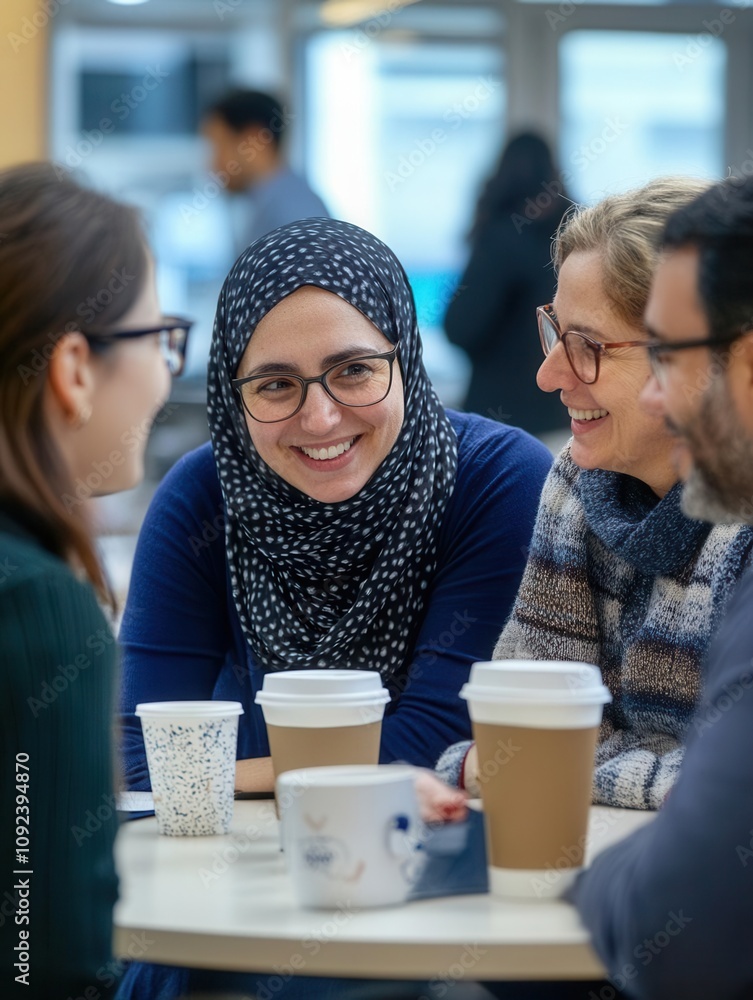 Obraz premium Group of diverse teachers collaborating over coffee in the staff room, friendly and open interaction, symbolizing support and team effort