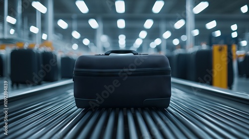 The conveyor belt at the airport and baggage claim on process concept. Black suitcase on a conveyor belt in an airport setting. photo