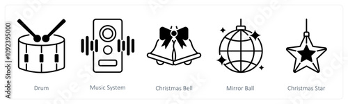 A set of 5 Christmas icons as drum, music system, christmas bell