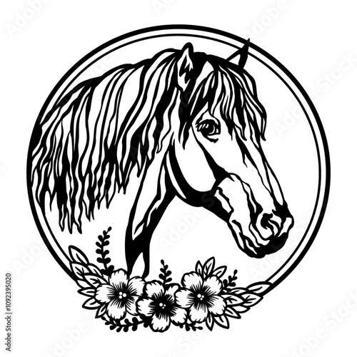 Head of horse with flowers and leaves. Vector illustration
