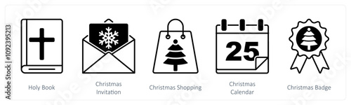 A set of 5 Christmas icons as holy book, christmas invitation, christmas shopping
