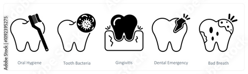 A set of 5 Dental Care icons as oral hygiene, tooth bacteria, gingivitis