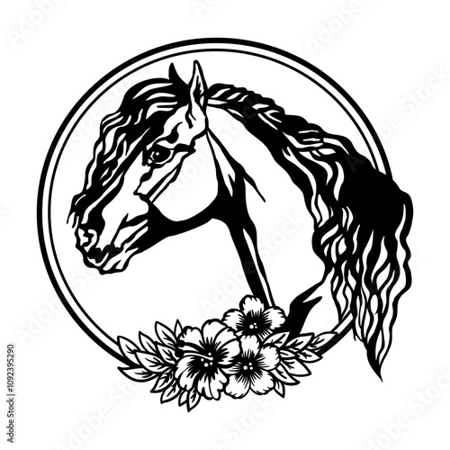 Head of horse with flowers and leaves. Vector illustration