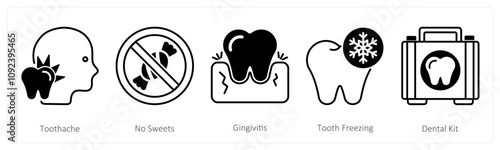 A set of 5 Dental Care icons as toothache, no sweets, gingivitis