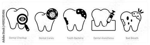 A set of 5 Dental Care icons as dental checkup, dental caries, tooth bacteria
