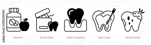 A set of 5 Dental Care icons as vitamins, dental floss, tooth extraction