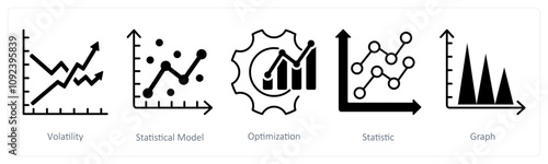 A set of 5 Diagram icons as volatility, statistical model, optimization