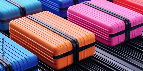 The conveyor belt at the airport and baggage claim on process concept. Colorful travel cases arranged neatly in a modern display. photo