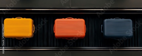 The conveyor belt at the airport and baggage claim on process concept. Three colorful suitcases on a luggage conveyor belt. photo