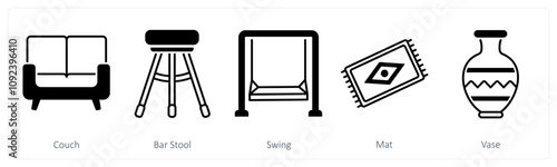 A set of 5 Furniture icons as couch, bar stool, swing