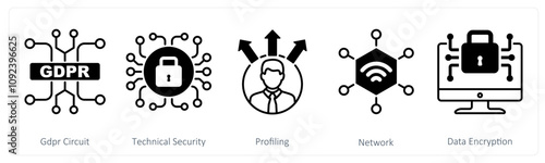 A set of 5 GDPR icons as gdpr circuit, technical security, profiling