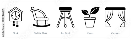 A set of 5 Furniture icons as clock, rocking chair, bar stool