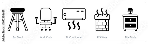 A set of 5 Furniture icons as bar stool, work chair, air conditioner