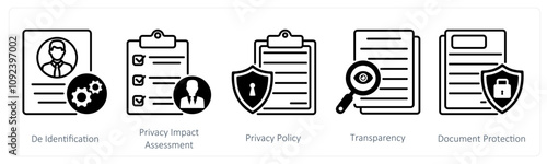 A set of 5 GDPR icons as de identification, privacy impact assessment, privacy policy