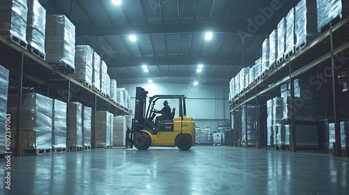 Warehouse Worker Operating Forklift Among Pallets photo