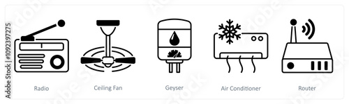 A set of 5 Home Appliances icons as radio, ceiling fan, geyser